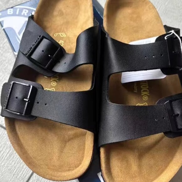 Birkenstock Arizona Sandals Black Leather Two-Strap Slides - Picture 1 of 6